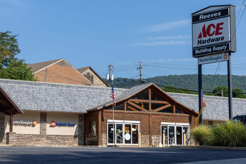 Front view of an ACE Hardware store with tall sign reading 'ACE Hardware' and 'Building Supply' under Reeves, blue sky behind.