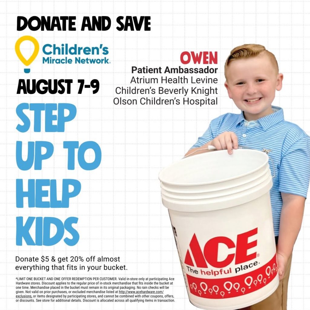 Boy in a blue striped shirt holds a large white Ace bucket for a charity drive; bold blue text reads 'STEP UP TO HELP KIDS' with a CMN logo and event dates.
