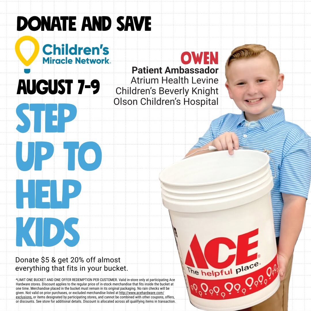 Boy in a blue striped shirt holds a large white Ace bucket for a charity drive; bold blue text reads 'STEP UP TO HELP KIDS' with a CMN logo and event dates.