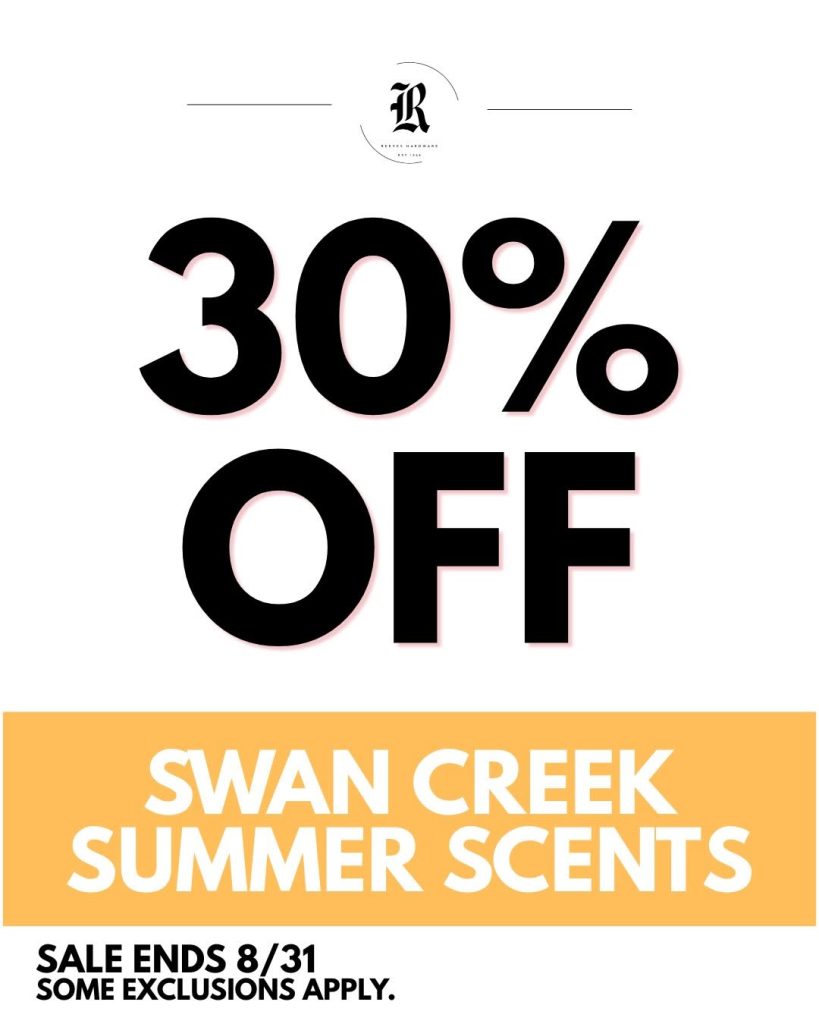 Promo graphic showing '30% OFF' with a logo above and an orange banner that reads 'SWAN CREEK SUMMER SCENTS' and sale details below.